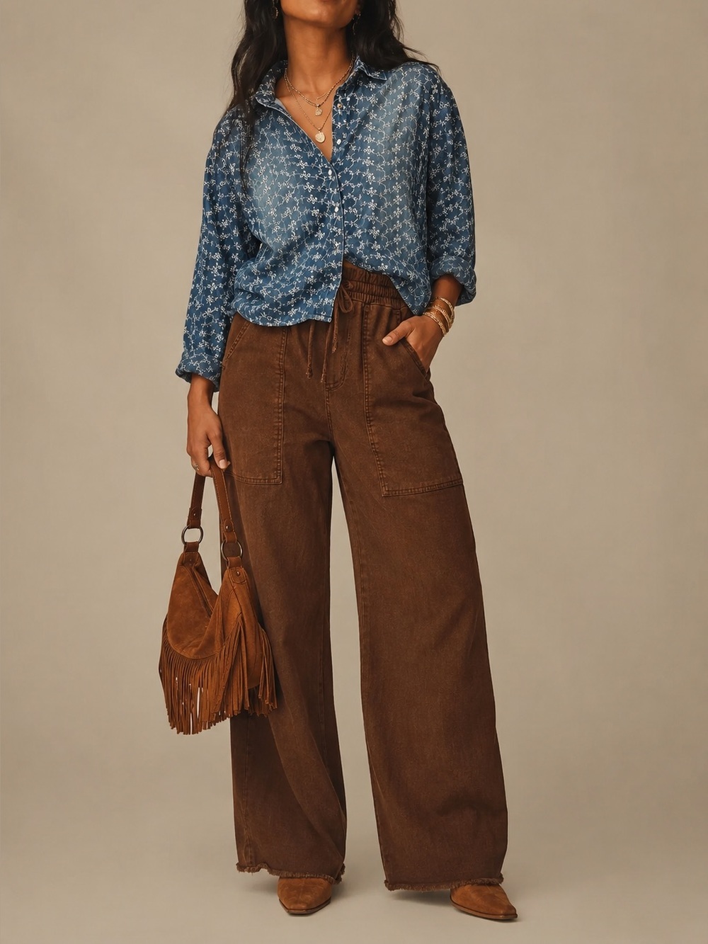 Given Kale Blue Floral Eyelet-Embroidered Button Down Shirt